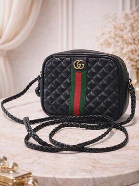 Authentic Gucci GG Marmont Web Stripe Camera Bag Black Leather